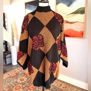 Vintage Dana Scott Geometric Black and Gold Sweater with Red Floral Accents